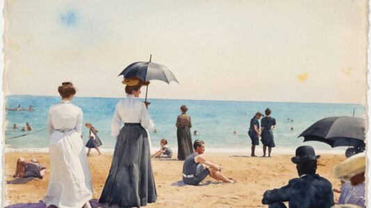 The original black and white photo was colorized by AI then turned into a watercolor through the use of photoshop